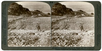 Elias altares klippa på berget Karmel och Esdraelonslätten, Palestina, 1900. av Underwood and Underwood