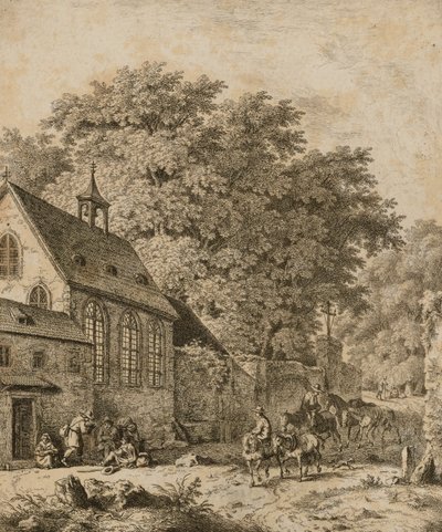 Landskap med kyrka och bönder av Unidentified