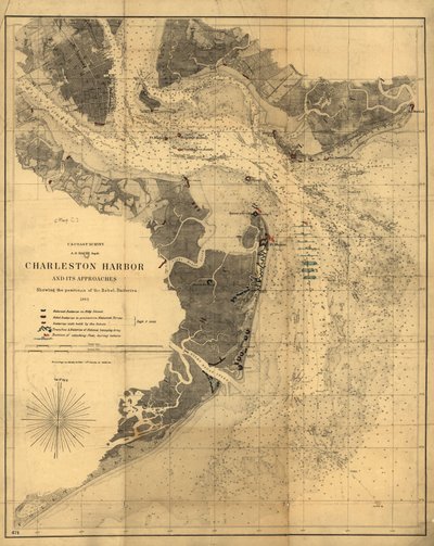 Charlestons hamn och dess tillfarter visar positionerna för rebellernas batterier. LOC 99448827 av United States Coast Survey