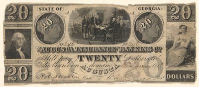 20 dollarsedel utfärdad av Augusta Insurance & Banking Co., Augusta, Georgia 1858 med gravyrer av självständighetsförklaringen efter Trumbull, Washington efter Stuart (?) av Unknown