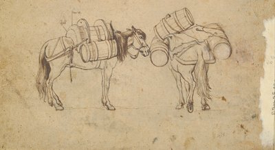 En utsikt över Tibern nära Ripa Grande, Rom (recto); Studie för två hästar som bär fat (verso) av Unknown