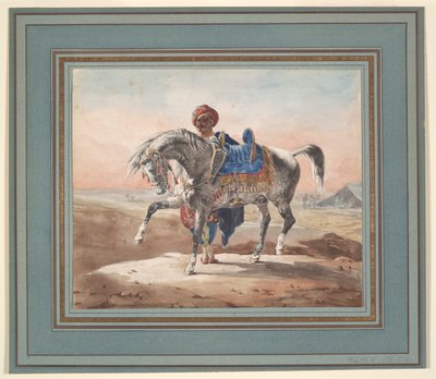 Arab som står vid en häst av Unknown