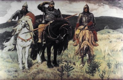 Bogatiri (Hjältarna) och Victor Mikhailovich Vasnetsov, 1898. av Unknown