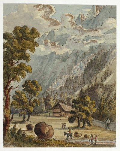 Chalet och trädgård nedanför Alperna (recto); Village  Glacier du Boissons, Chamix (verso) av Unknown