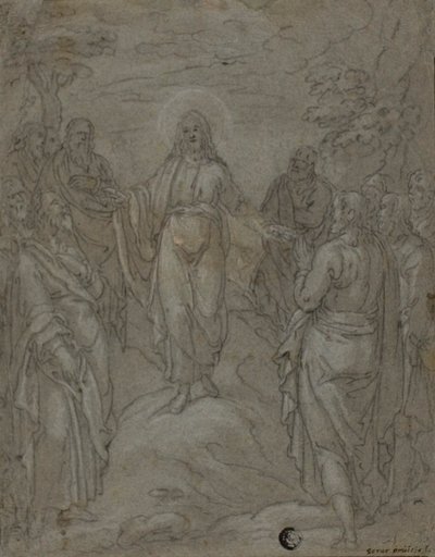 Kristus och apostlarna (recto); Skiss av en julkrubba (verso) av Unknown
