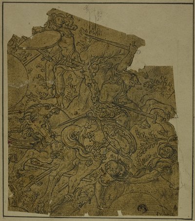 Fragment: Beväpnade krigare till häst kämpande fotsoldater av Unknown