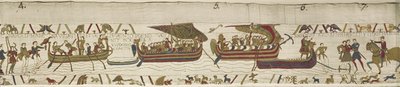 Harold korsar kanalen till Guy, greve av Ponthieu, där han fångas, Bayeux Tapestry (ullbroderi på linne) av Unknown