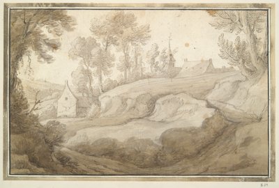 Kuperat landskap med hus och kyrka på medelavstånd av Unknown