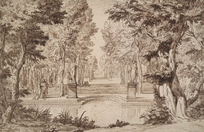 Fantasifull utsikt över en park med statyer och par av Unknown