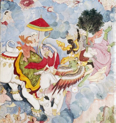 Krishna, på Bird-God, Garuda slåss mot Indra på elefant, Harivamsa manuskript, c1590 av Unknown