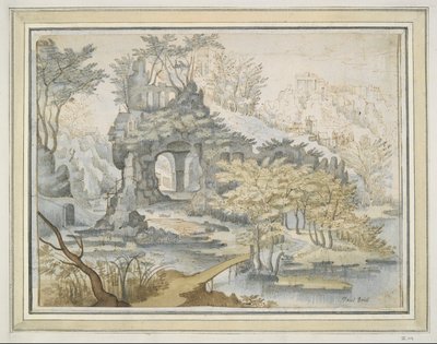 Landskap med byggnader på valvgång i klippor av Unknown