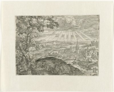 Landskap med stadsutsikt och strålande sol av Unknown