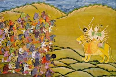 Marwar-målning: Demonerna förbereder sig för strid mot gudinnan Durga, Mehrangarh Fort palace museum, Jodhpur, Rajasthan, Indien av Unknown