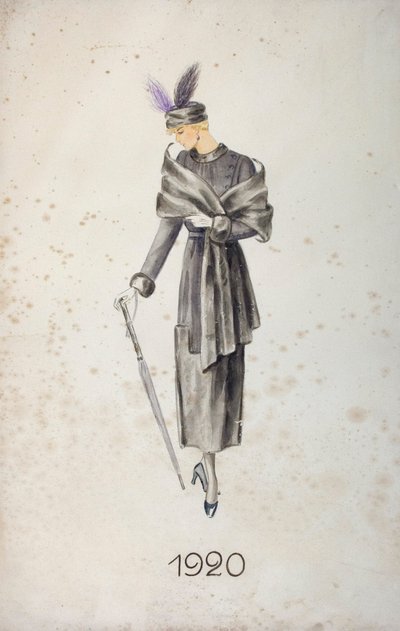 Modell klädd i kappa och hatt med fjädrar, bärande ett paraply, 1920 av Unknown
