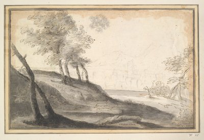 Bergigt landskap med träd och stad på avstånd av Unknown