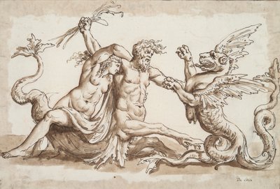 Nereid och Triton slåss mot en Griffon av Unknown