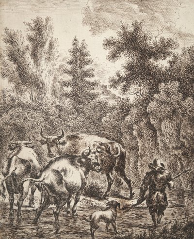 Bonde Fording Stream med boskap och hund av Unknown