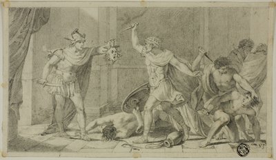 Perseus konfronterar Phineas och hans anhängare med huvudet av Medusa av Unknown