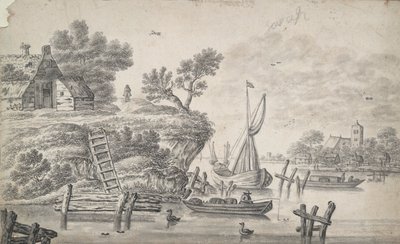 Flodlandskap med hög vall till vänster av Unknown