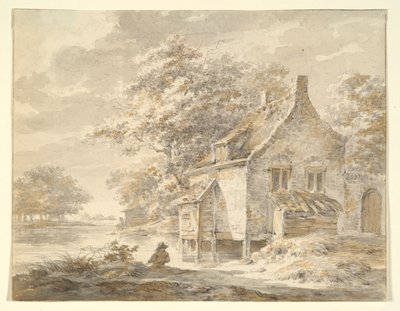 Flodlandskap med hus av Unknown