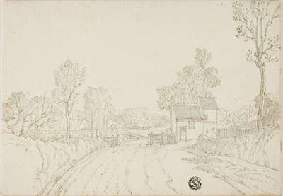 Väg förbi hus i landskap av Unknown