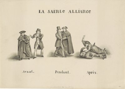 Tecknad serie om alliansen mellan det romersk-katolska partiet och det liberala partiet mot den holländska regeringen, 1828 La Sainte Alliance (titel på objekt) av Unknown