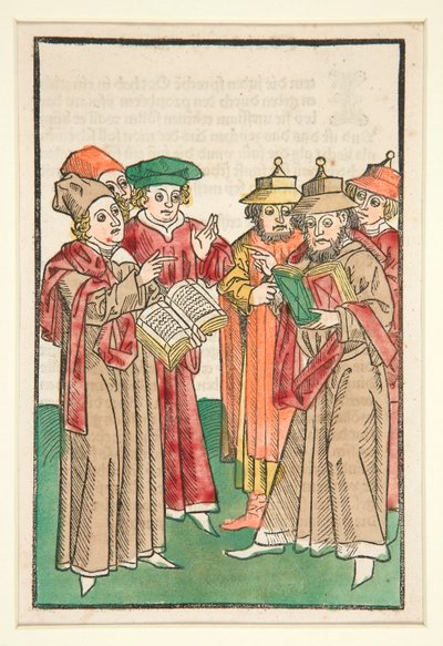 Tre kristna och tre judiska forskare disputerar, illustration från Der Seelen-Wurzgarten av Unknown