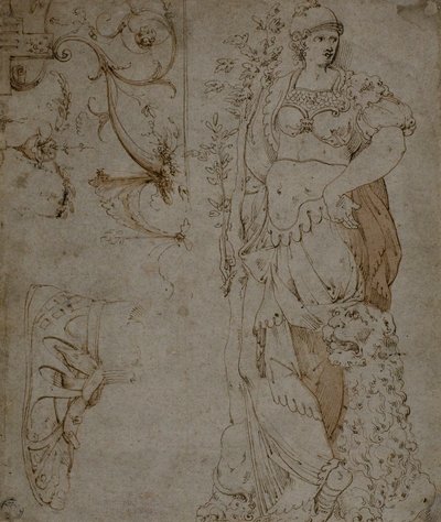 Tre skisser: Fortitude, en sandal och grotesker (recto); Skisser av grotesker och romersk kuirass (verso) av Unknown