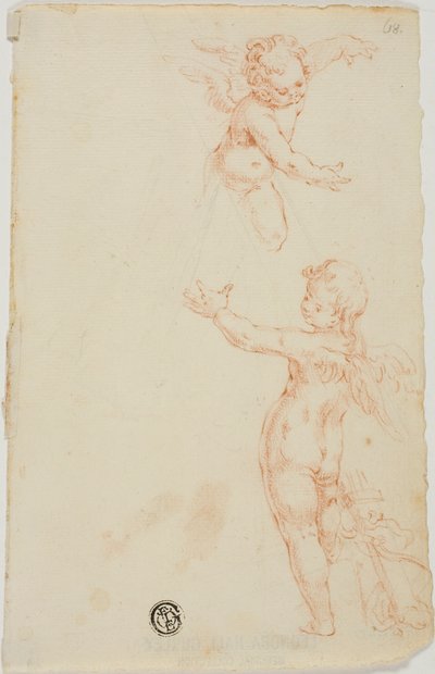 Två bevingade Putti, en flygande av Unknown