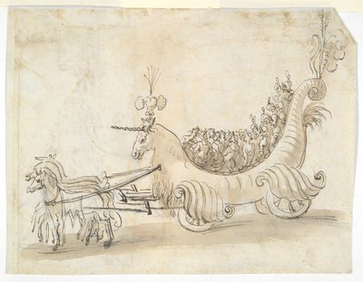 Två kostymstudier (recto); Vagn i form av en enhörning (verso) av Unknown