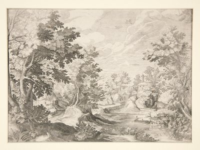 Utan titel (Landskap med figurer i båt i förgrunden) av Unknown