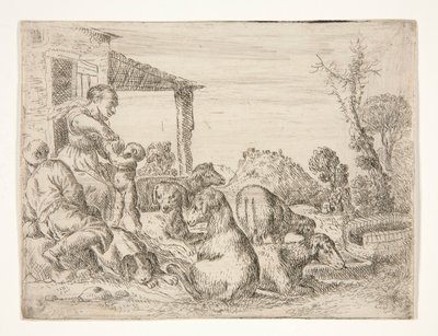Untitled (Bondfamilj med hundar och lamm i ett landskap) av Unknown