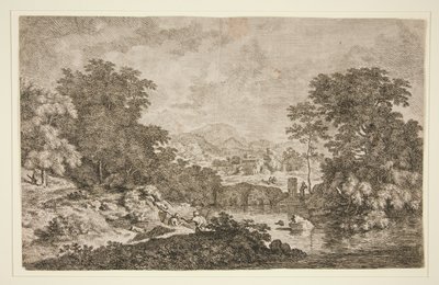 Untitled [Pastoral scen - bergigt landskap nära vatten och fem figurer] av Unknown