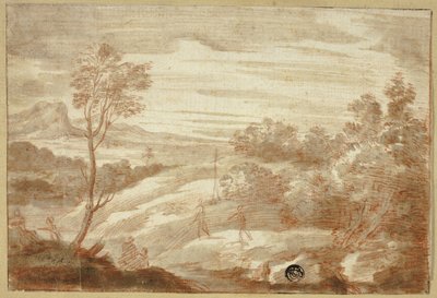 Skogbevuxen landskap med figurer av Unknown