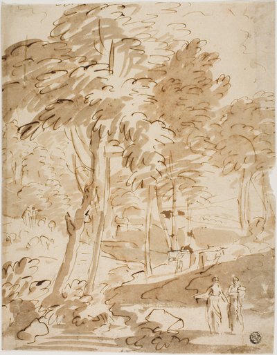 Skogsklädd landskapsbild med figurer och djur av Unknown