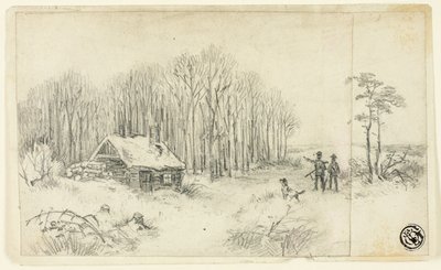 Woodland Hut, med jägare som närmar sig av Unknown