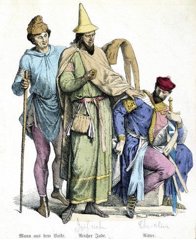 1000-talsdräkter: rik jude och riddare - gravyr av Unknown artist