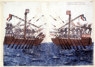 1500-talsgravyr som skildrar mötet med ett piratskepp i Indiska oceanen. Rom biblioteca Casantense. av Unknown artist