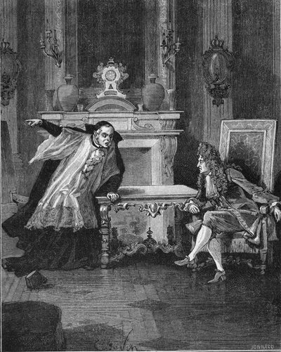 1715: Frankrikes kung Ludvig XIV (1638-1715) hörde orden av fader Michel Le Tellier (1643-1719), hans jesvitbiktfader. Gravyr av 1800-talet. I "Histoire de France" av Jules Michelet av Unknown artist