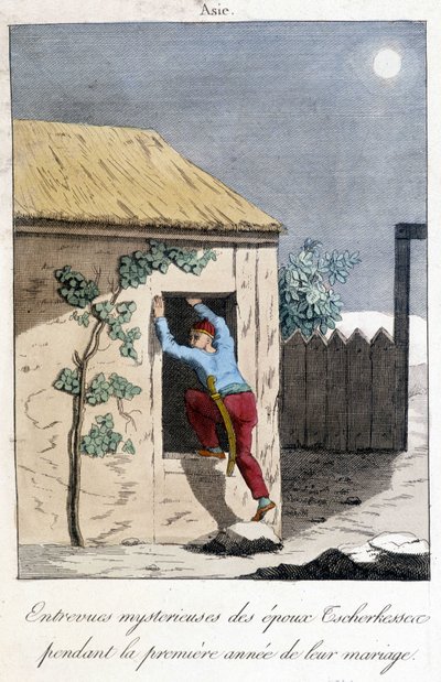 1811 diagram som illustrerar de mystiska intervjuerna av Tscherkessens makar under det första året av deras äktenskap (Asien). av Unknown artist