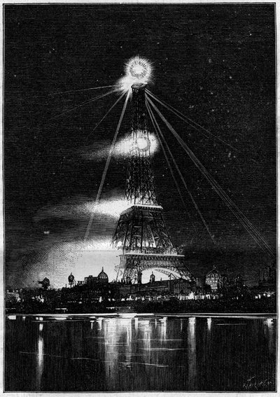 Universell utställning 1889: Eiffeltornet brändes av bengaliska lågor på kvällen då utställningen öppnades den 6 maj av Unknown artist
