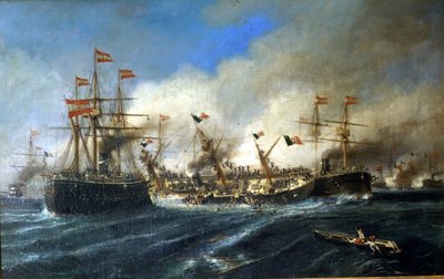 1866-07-20: Slaget vid Lissa utanför Dalmatien: österrikarna förstör den italienska flottan. av Unknown artist