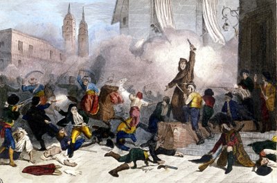 1808-02-05: Madriduppror mot det franska övertagandet av Spanien. Litografi omkring 1830. av Unknown artist