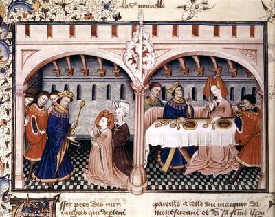 Sjätte novellen: Giovanna äter lunch med Federigo Alberighi, är ett belysningsutdrag från Boccaccios Decameron (1432) av Unknown artist