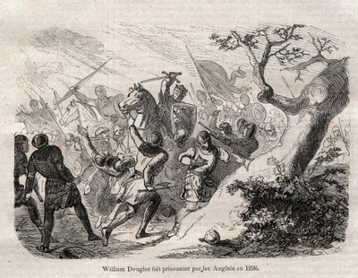 ARRESTERING AV Sir William Douglas "" the Hardi"" (den djärva), Lord of Douglas (1243 - 1298) en 1296 - gravyr i "" Dictionnaire populaire illustrious" - 1864 - av Joseph Decembre och Edmond Allonier - av Unknown artist