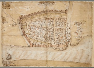 ハルの町の 16 世紀の表現。 この地図は、ハル川がハンバー河口に流れ込む場所に位置するハルの町を示しています。 これは、スウェーデンの 153 年頃後半に沿岸防御の状態を示すために描かれた一連の計画の 1 つです。 av Unknown artist