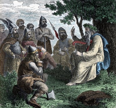 A Bard Reciting to Northmen - Viking Civilization: A Bard Druid Recite Poesy to Warriors, 800-900-talet av Unknown artist