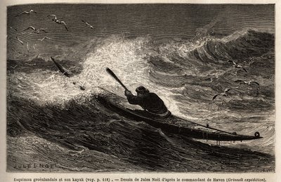 En grönlandskajak som passerar vågbarriären. Gravyr för att illustrera resan till den arktiska polens fria hav, av doktor Hayes, kirurg vid den amerikanska flottan, 1860-1862, publicerad i "Le tour du monde, nouveau journal des voyages", redigerad av Ed av Unknown artist