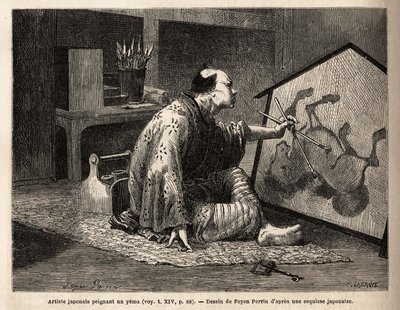 En japansk konstnär som målar en yema (legendarisk hästmålning). Gravyr för att illustrera resan till Japan, 1863-1864, av Aime humbert, minister för Schweiziska edsförbundet, i "" Le tour du monde, nouveau journal des voyages"" publicerad under direktivet av Unknown artist
