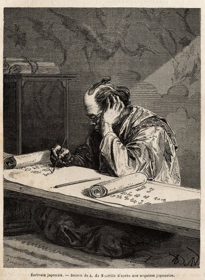 En japansk författare har sitt arbetsbord och redigerar en text på en lång rulle som han rullar eller tar bort beroende på hur arbetet fortskrider. Gravyr för att illustrera resan till Japan, 1863-1864, av Aime Humbert, minister för Schweiziska edsförbunde av Unknown artist